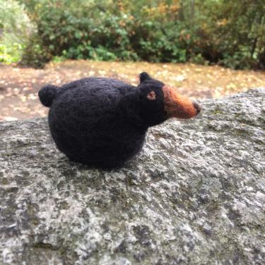 a very round black bear on a rock, the snout protrudes from the body.